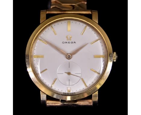 A Gentleman's Manual Wind Wristwatch by Omega,&nbsp;9ct gold case,&nbsp;35mm diameter, champagne coloured dial with gold bato