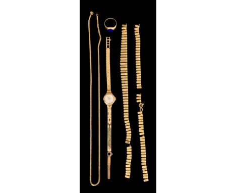 A Mixed Quantity of 9ct Gold Items, comprising - lady's manual wind cocktail watch, fine box chain 470mm overall, a broken le