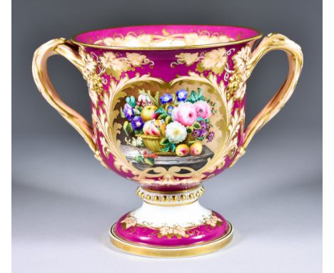 A Fine Davenport Porcelain Two-Handled Loving Cup, Circa 1850, the front enamelled in colours with a sumptuous still life of 