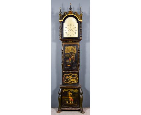 A 19th Century Black Lacquer Longcase Clock by Brookhouse &amp; Tunnicliff of Derby, the 12ins arched brass dial with Roman a