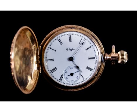 A 14ct Gold Full Hunting Cased Keyless Fob Watch by Elgin, 34mm diameter, white enamel dial with black Roman baton numerals a