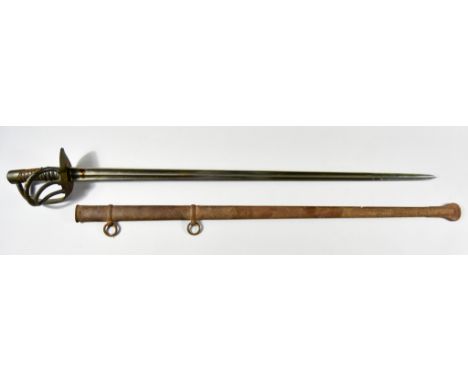 A French Heavy Cavalry Sword, dated March 1843, indistinct maker's name and address to back strap, heavy steel guard, leather