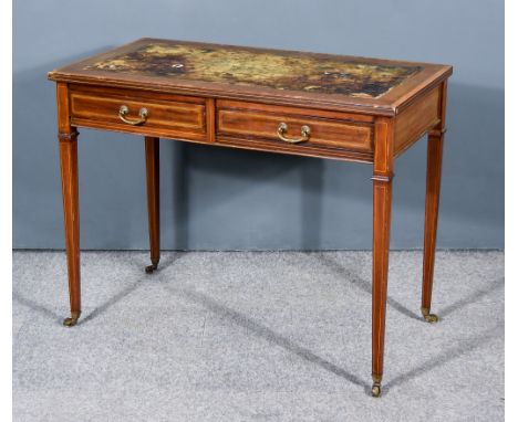 An Edwardian Mahogany and Inlaid Writing Desk, with cross banded edge and leather inset to top, fitted two frieze drawers, on
