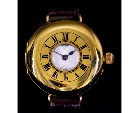 An 18ct Gold Full Hunting Cased&nbsp;Keyless&nbsp;Fob Watch, 33mm diameter, base metal dust cover, white enamel dial with bla