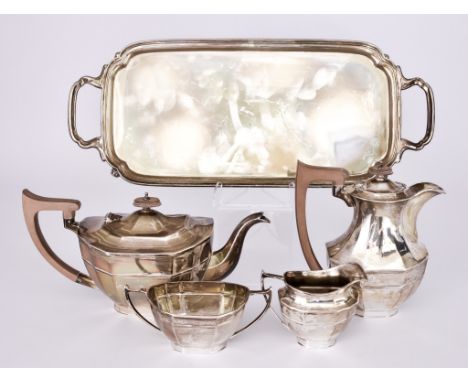 A George V Silver Four-Piece Tea and Coffee Service and a Rectangular Tray&nbsp;all by Cooper Brothers &amp; Sons Ltd, the se