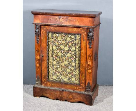 A Victorian Walnut, Marquetry, and Gilt Metal Mounted Dwarf Cabinet, with square edge to top, fitted two shelves enclosed by 