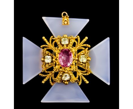 A Jadite and Yellow Coloured Metal Pendant, in the form of a Maltese Cross, (tests as 18ct gold), classical design set with c