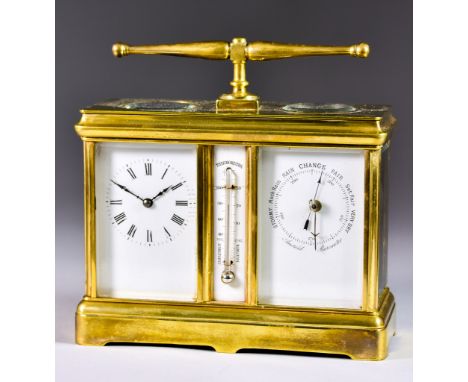 An Early 19th Century French Combined Carriage Timepiece, Barometer, Thermometer and Compass, with enamel dials to front, the