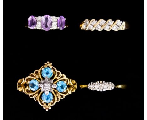 Four 9ct Gold Gem Set Rings, comprising - one set with four blue stones, size K, one set with three amethyst stones, size L, 