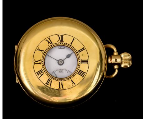 An 18ct Gold Half Hunting Cased Keyless Pocket Watch by Mappin, 50mm diameter, with gold dust cover, white enamel dial with b