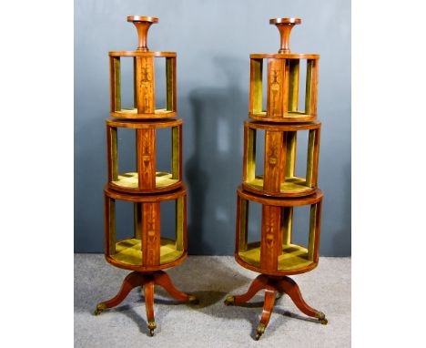 A Pair of 19th Century Satinwood Circular Revolving Three Tier Bookcases, each inlaid with bellflower and urn ornament, each 