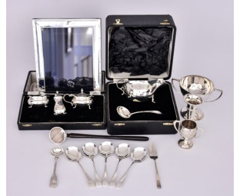 An Elizabeth II Silver Oval Sauceboat and Ladle, and Mixed Silverware, the sauceboat and ladle by Adie Brothers Ltd, 1956 and