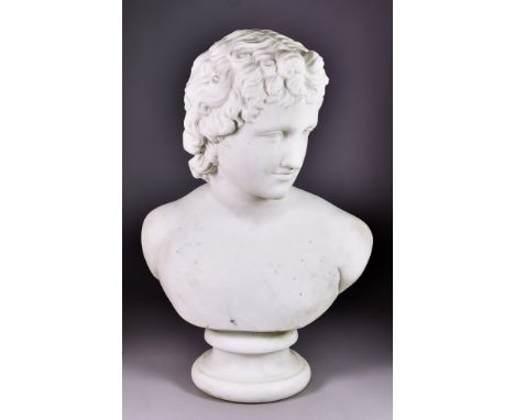 19th Century Continental School - White marble bust of Apollo, on circular socle, 19.5ins highThe surface to the bust is rath