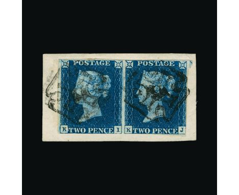 Great Britain - QV (line engraved) : (SG 5) 1840 2d blue, plate 1, horizontal pair, KI-KJ, margins all around (just clear at 