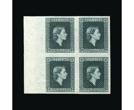 Bradbury Wilkinson Collection : NEW ZEALAND 1954-63 OFFICIAL imperf matching left sheet marginal plate proof BLOCKS OF FOUR w