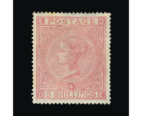 Great Britain - QV (surface printed) : (SG 134) 1867-83 wmk Anchor 5s rose, DE, thinned at top, light toning, m.m.  Rare. Cat