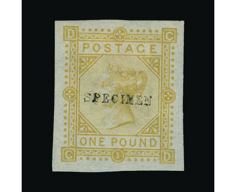 Great Britain - QV (surface printed) : (SG (129s)) 1867-83 wmk Cross £1, IMPERF COLOUR TRIAL on bistre, ovptd. SPECIMEN Type 