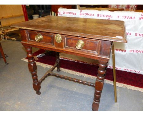 A 17th.C.AND LATER OAK SIDE TABLE ON BOBBIN TURNED SUPPORTS AND STRETCHERS AND SINGLE FRIEZE DRAWER.   W.80 x H.72cms.