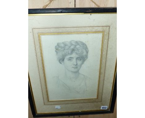 19th/20th.C.ENGLISH SCHOOL.   PORTRAIT OF A CLASSICAL MAIDEN INITIALLED E.J.P. AND DATED 1908, PENCIL.   31 x 21cms.