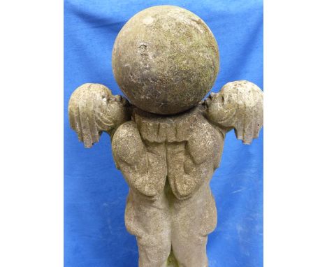 A LARGE ART DECO COMPOSITE STONE STATUE OF CHILDREN SUPPORTING A SPHERE.   APPROX. H. 140cms.