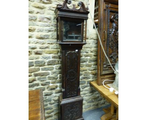AN OAK CASED 8-DAY LONGCASE CLOCK WITH 12" BRASS DIAL AND SILVERED CHAPTER RING SIGNED ISAAC HADMEN, KENDAL, THE CASE WITH LA