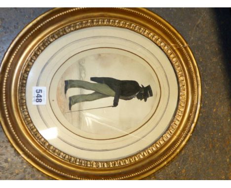 A 19th.C. OVAL SILHOUETTE PORTRAIT OF A GENTLEMAN WEARING A TOP HAT.    20 x 16cms. TOGETHER WITH A PAIR OF EGLOMISE FRAMED O