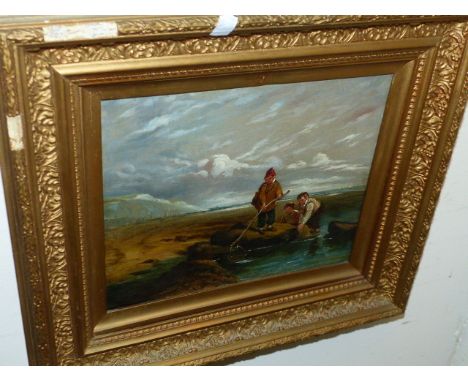 19th.C.ENGLISH SCHOOL.  A SEASCAPE WITH THREE BOYS BY A ROCKPOOL, OIL ON CANVAS.   25.5 x 30.5cms.