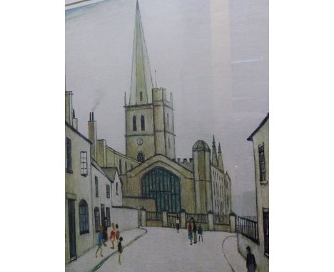 L.S.LOWRY.  1887-1976.   BURFORD CHURCH, A PENCIL SIGNED LIMITED EDITION COLOUR PRINT, 265/850.