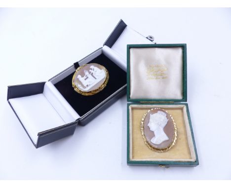 A PORTRAIT CAMEO BROOCH FACING LEFT POSSIBLY OF QUEEN VICTORIA IN A FLUTED YELLOW METAL SETTING, MEASURMENTS 4.8mm X 3.7mm TO