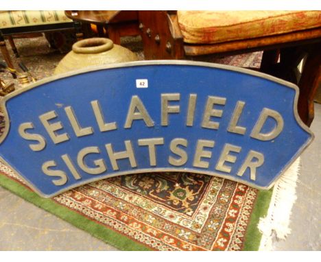 AN INTERESTING AND POSSIBLY UNIQUE ALLOY TRAIN ENGINE NAME PLATE FOR THE SELLAFIELD SIGHTSEER.   W.103cms.