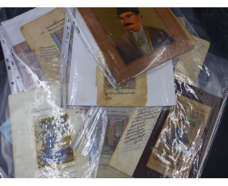 A COLLECTION OF INDO PERSIAN ILLUMINATED MANUSCRIPT LEAVES TO INCLUDE PORTRAITS, HUNTING SCENES,ETC, MOST WITH INSCRIPTIONS, 