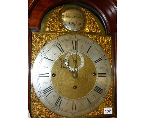 AN 18th.C.MAHOGANY LONGCASE CLOCK WITH ARCHED BRASS DIAL, SILVERED CHAPTER RING AND NAMED ISAAC PARKER, SARUM (SALISBURY) c.1