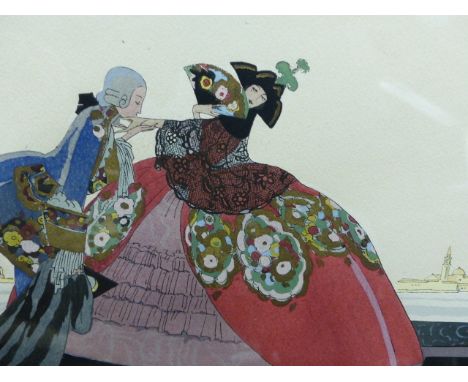 ETTORE TITO.  1859-1941.   FOUR ART DECO ROMANTIC SCENES, PENCIL SIGNED LIMITED EDITION POCHOIR PRINTS.   30 x 39.5cms.