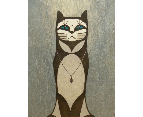 TOMOO INAGAKI.  (1902-1980) ARR.   A SEATED CAT, A SIGNED COLOUR PRINT, GALLERY LABEL VERSO.   57.5 x 32cms.