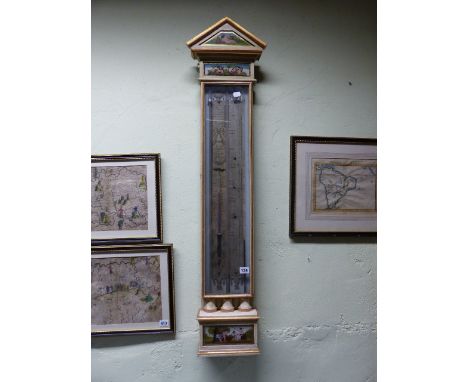 A GOOD 19th.C.DUTCH BAROMETER IN PAINTED CASE WITH EGLOMISE PANELS EMBOSSED CARD SCENE SIGNED INDISTINCTLY.