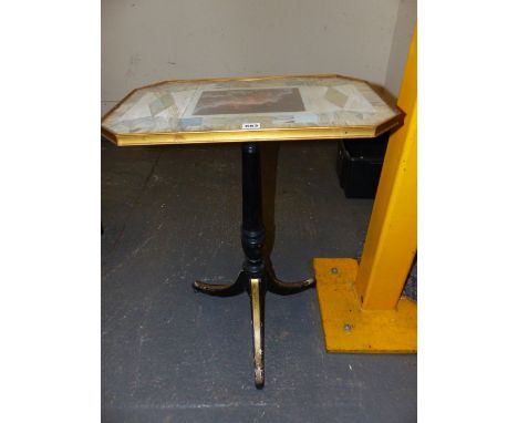 A REGENCY STYLE TRIPOD OCCASIONAL TABLE WITH PAINT DECORATED BASE AND UNUSUAL MARQUETRY INSET TOP.