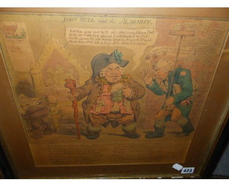 AFTER H.HUMPHREY.  (19th.C.)  JOHN BULL AND THE ALCHEMIST, A HAND COLOURED PRINT,   33 x 36cms AND TWO OTHER CARICATURES OF T