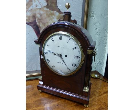 A LATE GEORGIAN MAHOGANY BRACKET CLOCK WITH 8" CONVEX DIAL SIGNED BUDGEN, CROYDEN. A 2-TRAIN BELL STRIKE FUSEE MOVEMENT WITH 