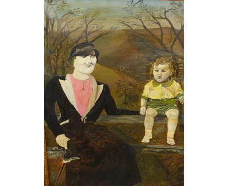 ENGLISH NAIVE SCHOOL.   PORTRAIT OF A WOMAN AND CHILD, INDISTINCTLY SIGNED? OIL ON CANVAS REPUTEDLY FROM LORD BERNER'S COLLEC