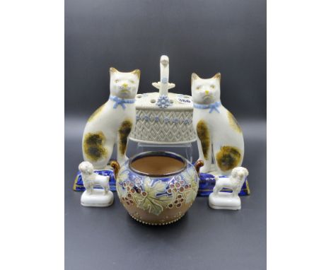 A 19th.C. PEARLWARE POT POURRI BASKET WITH COVER   L.18cms.  H.15cms, A PAIR OF STAFFORDSHIRE RECUMBENT CATS   H.18cms,. A PA