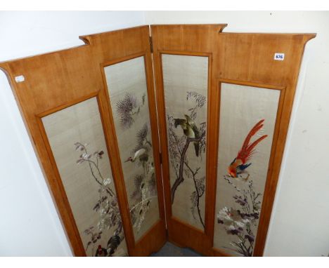 AN ART DECO SATIN WALNUT TWO FOLD SCREEN INSET WITH ORIENTAL SILK EMBROIDERED PANELS.