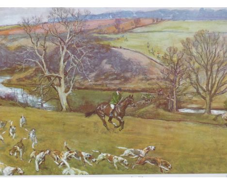 LIONEL EDWARDS  (1878-1966)   A HUNT SCENE INSCRIBED AND SIGNED BY VARIOUS HUNTERS AND EDWARDS, A COLOUR PRINT.   48 x 64cms.