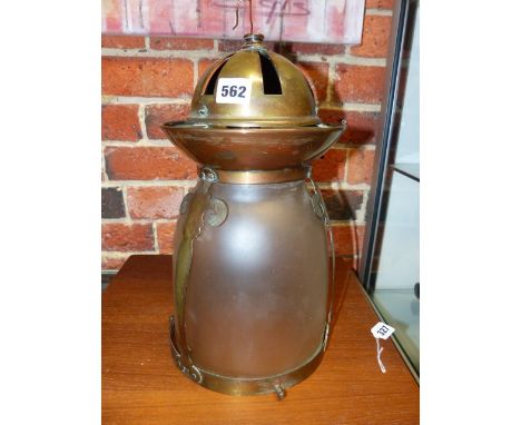 AN ARTS AND CRAFTS HALL LANTERN WITH ETCHED GLASS SHADE.   H.36cms.