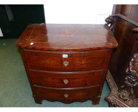 A 19th.C.CONTINENTAL  BOWFRONT WALNUT AND INLAID THREE DRAWER COMMODE CHEST.   W.79 x H.70cms.