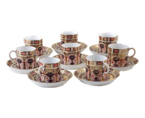 Eight Royal Crown Derby coffee cans and saucers, decorated with Imari pattern 1128. (16) CONDITION REPORT: Two saucers have r