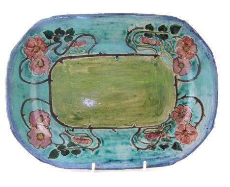 Unusual Della Robbia meat plate, painted only (with no incised work) with roses, dated 1905, shape 61, 33cm wide CONDITION RE