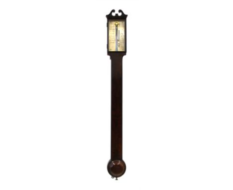 Gilbert &amp; Gilkerson, Tower Hill, London, stick barometer with signed silvered dial, vernier mahogany case, swan-neck pedi