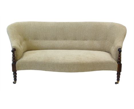 Victorian sofa, rosewood bobbin turned frame, serpentine front rail, brass articulated casters, 20th century buttoned fabric 