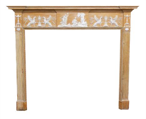 Early 19th century Adam design pine fire place surround, inverted breakfront, top board applied with classical decoration dep