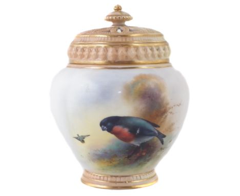 Royal Worcester pot-pourri signed by Ernest Barker, with internal cover and pierced outer cover, painted with bull finches, d